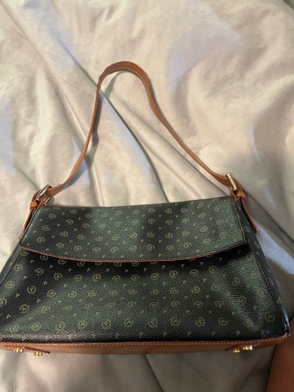 Pollini Leather Black Patterned Shoulder Bag with Brown Trim